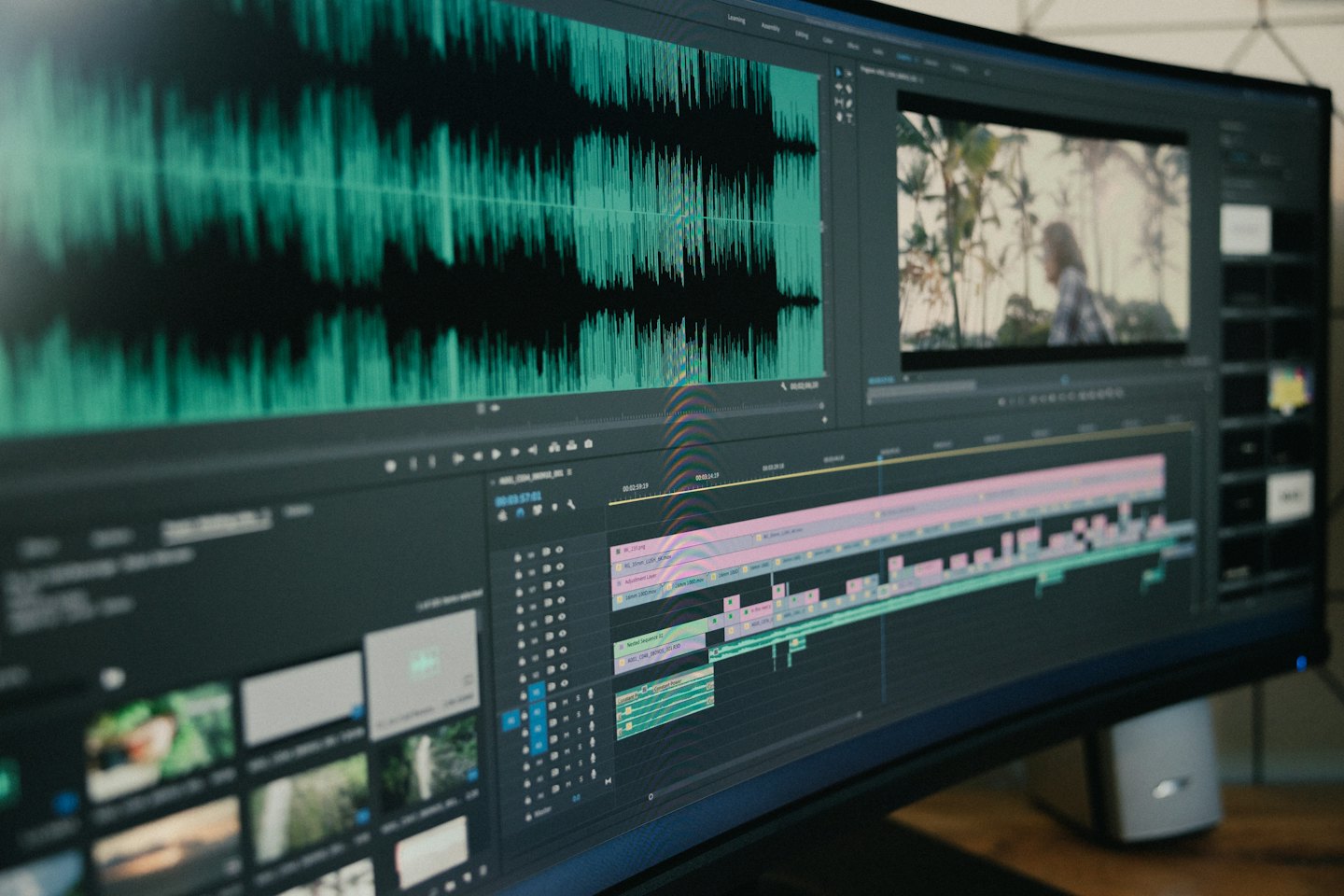 Computer monitor showing video editing software with teal audio waveforms.